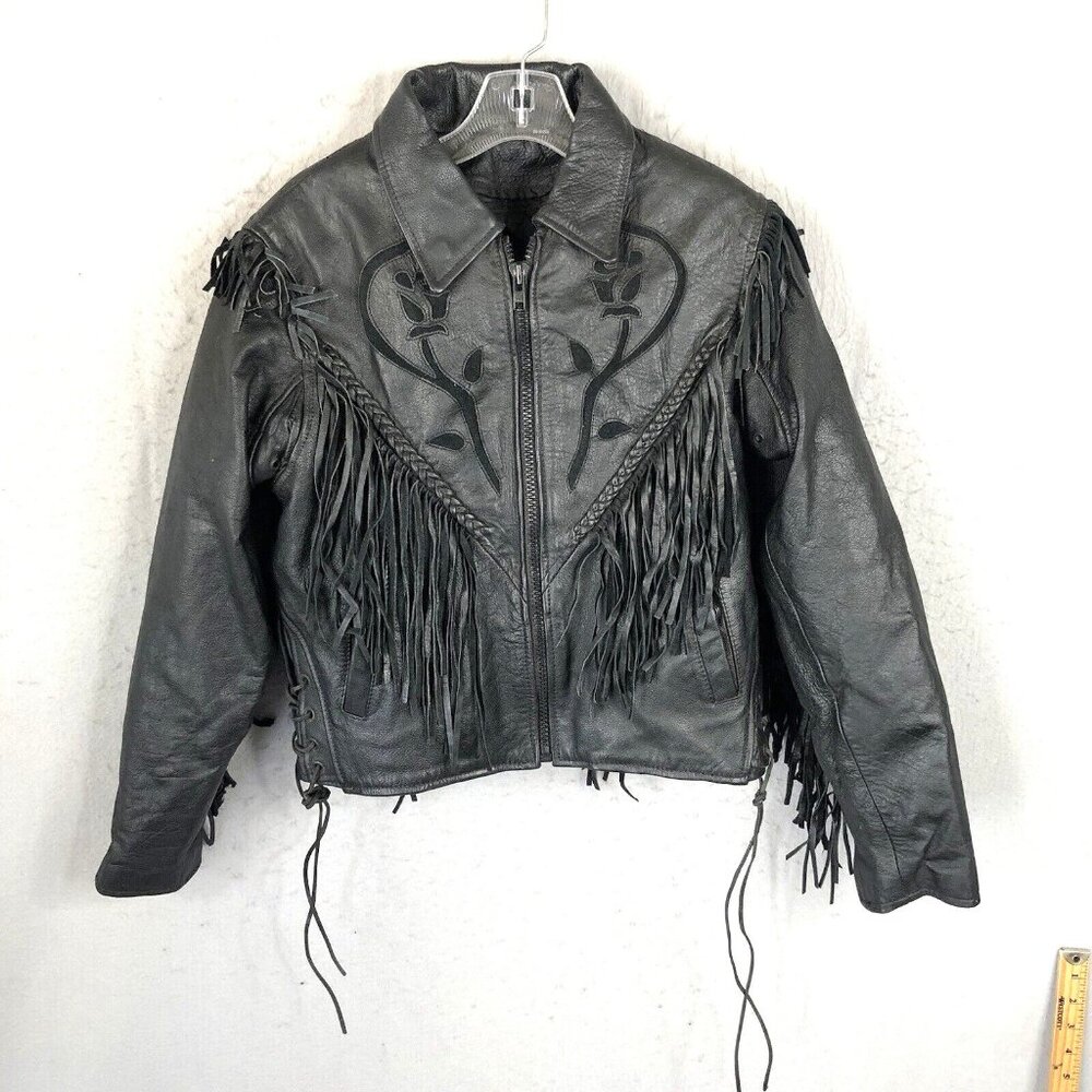 Black Leather Jacket Womens M Moto Fringe Scrolls Braids Biker Whimsigoth Rock